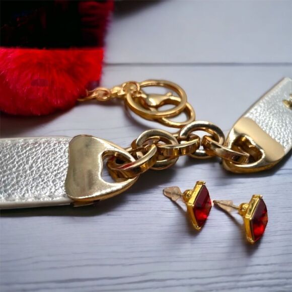 Jewelry Lot l Silver Leather Bracelet l Red Gemstone Earrings l Bag Charm - Picture 1 of 13